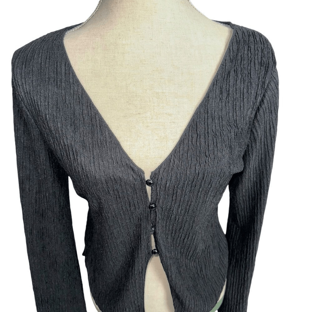 Solid Black Button Down Wide Sleeve Blouse Deep V… - image 4