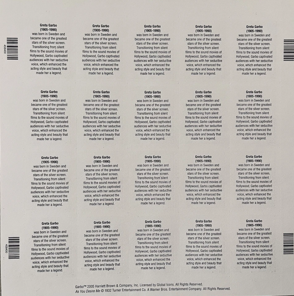 GRETA GARBO COMMEMORATIVE SHEET OF 20 STAMPS SCOTT #3943, MNH, 37C FAST SHIPPING - Image 2 of 4