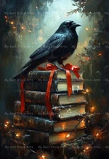 CHRISTMAS CROW BOOK STACK ART PRINT, Holiday Home Decor, Raven Bird Poster E504
