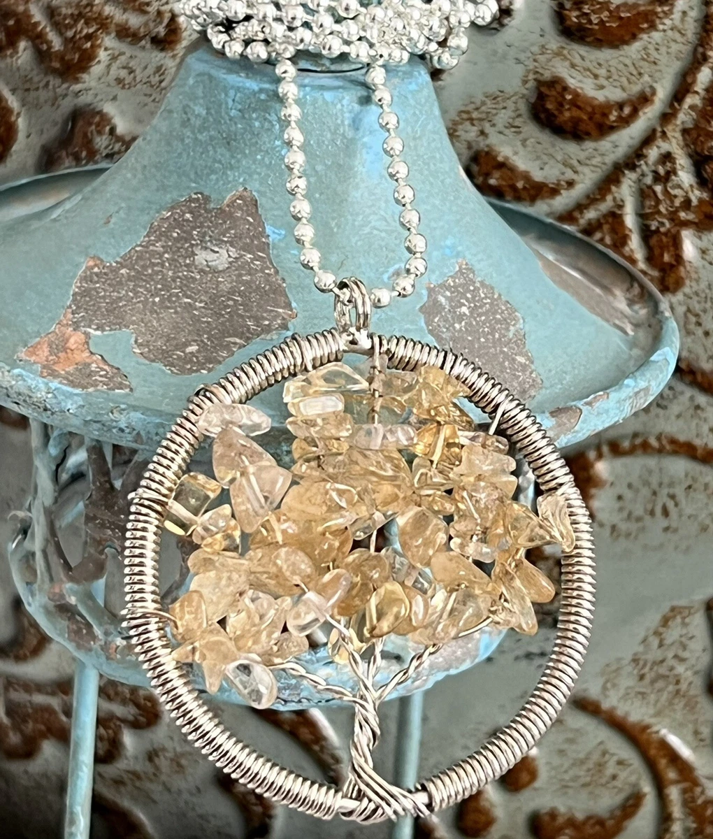 Beautiful Yellow Citrine Chip Tree of Life Necklace. Bloom. Spring