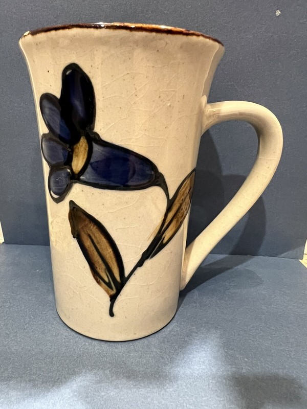 Lovely Tall Otigiri type Mug Stoneware Trumpet Flower Cobalt Blue Raised Glaze