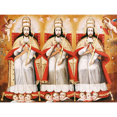 Cusco School Enthroned Trinity As Three Identical Figures Wall Art Canvas Print
