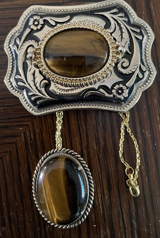 30x40mm Tigers Eye Matching Belt Buckle & 16” GP Necklace/Pin Set