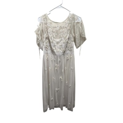 Adrianna Papell Women 8 Ivory Mesh Embellished Midi Dress Holiday Wedding Formal