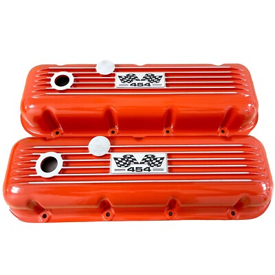 454 Big Block Chevy Finned Orange Valve Covers & 13