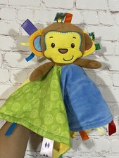 Taggies Monkey Patchkin Baby Blanket Blue Green Yellow Plush Lovey Security Tag