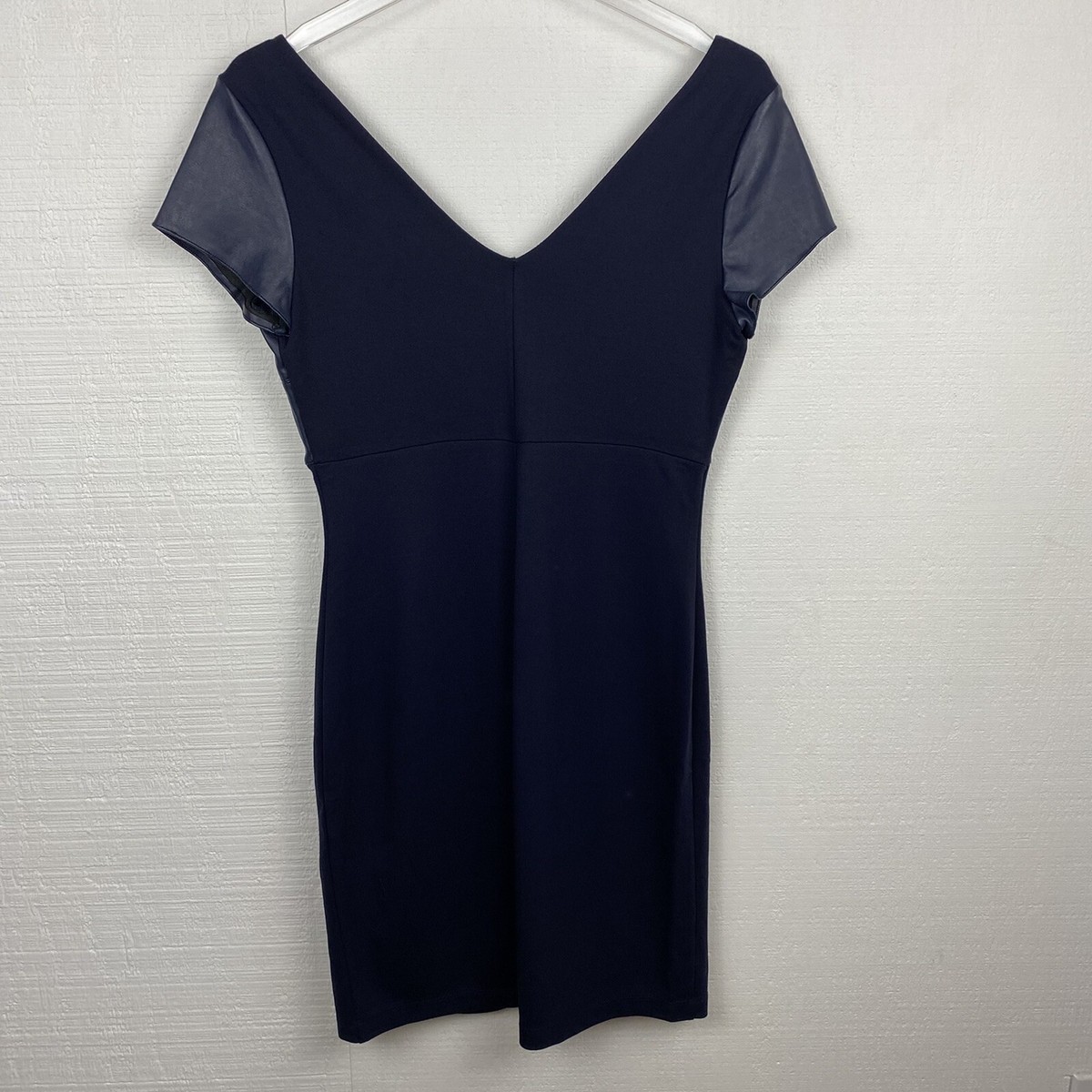 Bailey 44 Dress M Womens Blue Sheath Faux Leather Short Sleeves Stretch V  Neck | eBay
