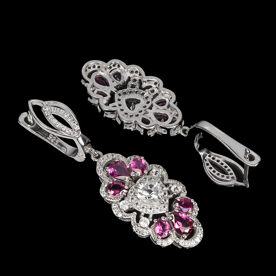 Pendientes de plata de ley 925 corazón topacio blanco rodolita granate piedras preciosas joyería Foto 3 de 4