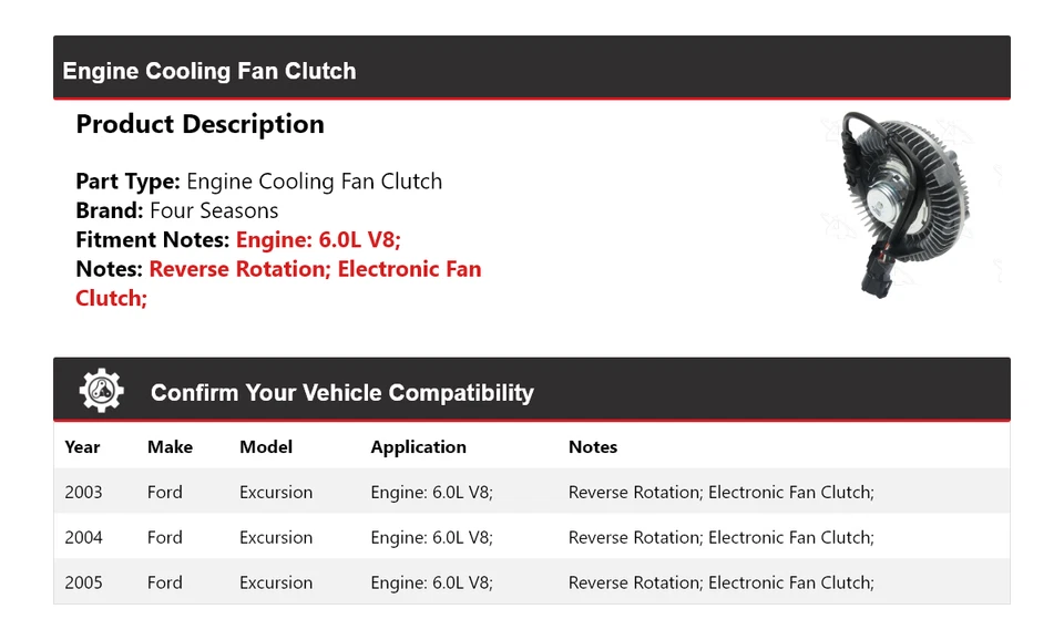 Embrague ventilador refrigeración motor V8 6,0 L 4 estaciones 2004 Ford Excursion 2003-2005 Foto 2 de 4