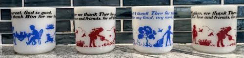 Four (4) Vintage Hazel Atlas Child's Milk Glass Prayer Mugs Cups