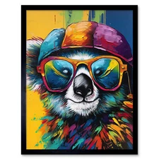 Rainbow Koala Bear with Sunglasses and Hat Modern Framed Art Picture Print 12x16
