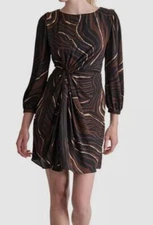 DKNY Women's Brown Twist-Front Long-Sleeve Fit & Flare Dress Size 16