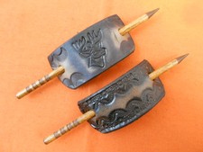 2 Leather Hair Barrettes w Sticks Ponytail, Deer Nature Design, Hand Crafted 35