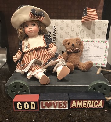Becky On Wagon Porcelain Doll Heritage Signature Doll, Bear-4th July!