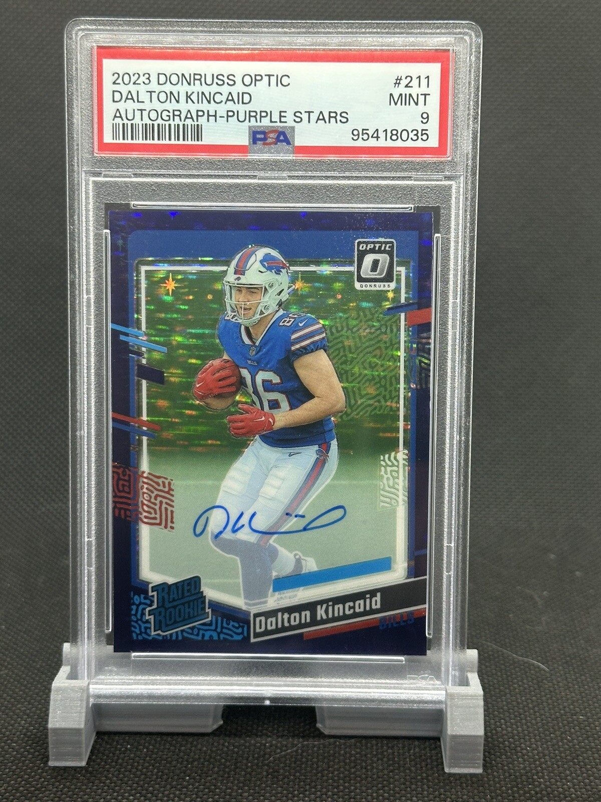 2023 Optic Rated Rookie Purple Stars Prizm Auto #211 Dalton Kincaid /50 PSA 9