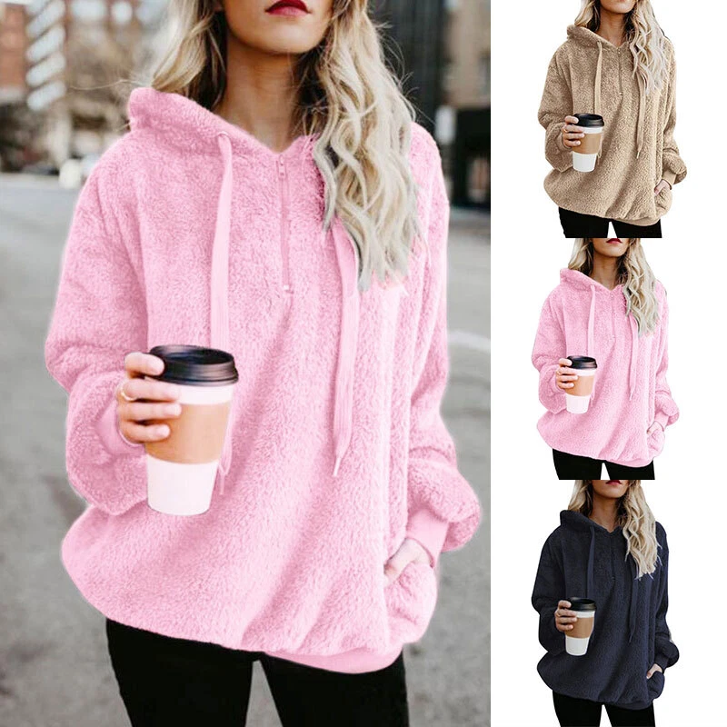 Womens Warm Teddy Bear Fleece Jumper Hooded Pullover Sweatshirt