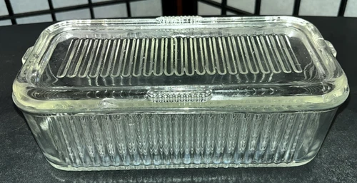 Vintage Federal Clear Glass Refrigerator Dish Ribbed With Lid