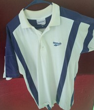 1990  s Reebok Men  s Medium White / Navy Striped Polo Shirt - Nice  