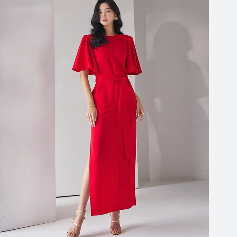 NWOT DINT Red Butterfly Sleeve Sheath Stretch Satin Tango Dress Size M