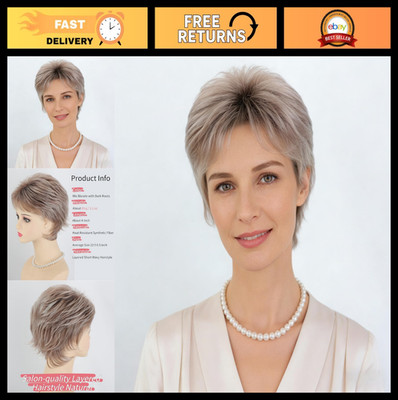 RENERSHOW Ombre Blonde Pixie Wig with Bangs, Wavy Synthetic Hair