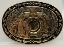 Vintage Unbranded Western Cowboy Double Horseshoe Belt Buckle Gold Tone Filigree