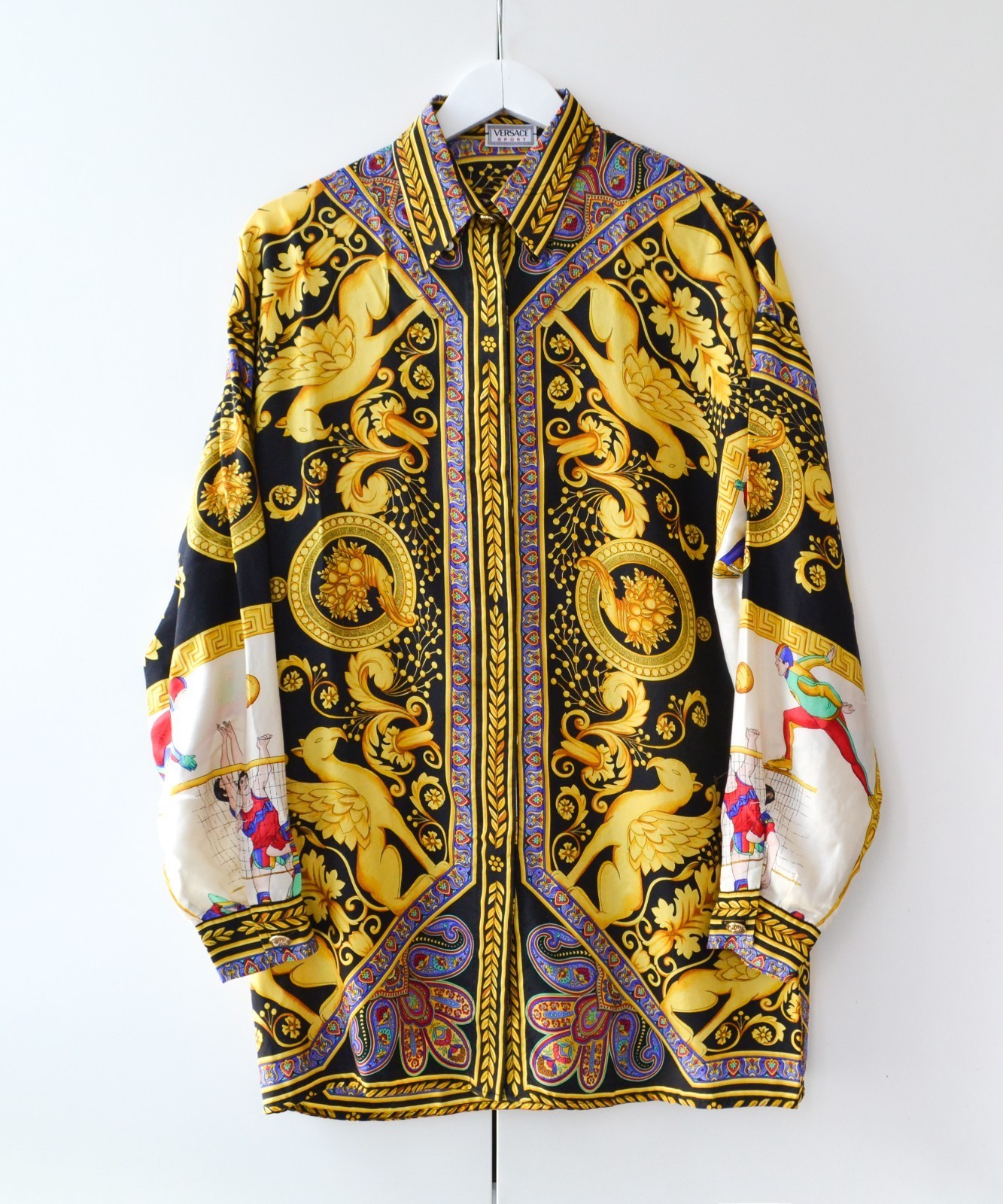 Vintage Unisex VERSACE Shirt Silk Long Sleeve Baroque Printed Sport Gold Size 46