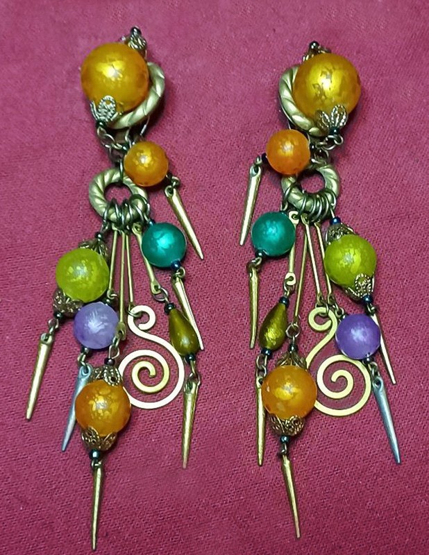 Vintage Clip On Beaded Sparkly Dangling Earrings 3" Long