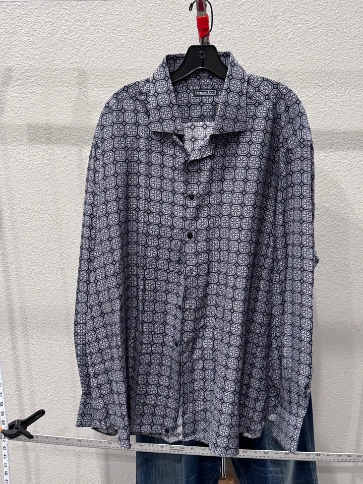 CAMISA MANGA LARGA GEOMÉTRICA AZUL SEDA PURA Stefano Ricci COMO NUEVA 3XL 18,5 x 38/39 Foto 3 de 4