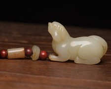 Certified Natural Hetian Jade Handcarved Exquisite Dog Statue Pendant 122512