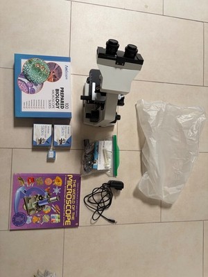 Science Kit with Omax Microscope, accessories, science book, and Amscope slides