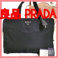 PRADA Triangular Logo Tote Business Bag Nylon Leather Black w/ Key, Lock, Cards