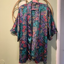 California Dynasty house Womens Teal Paisley Vintage Gown Kimono No Belt