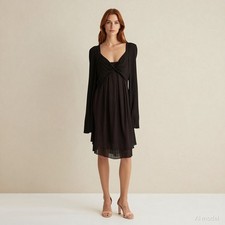 Lagenlook Midi Dress Brown Cotton Blend Shift Scoop Neck Long Sleeve US 8
