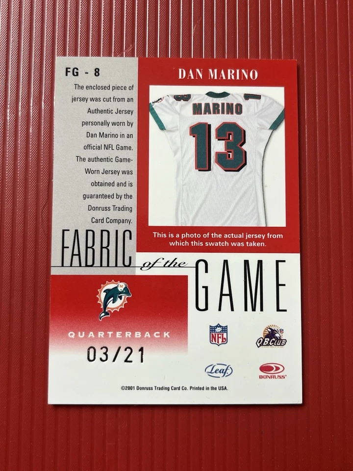 Dan Marino 2001 Game Worn/used Jersey Certified Fabric of the Game Patch # 3/21 - Image 2 of 2