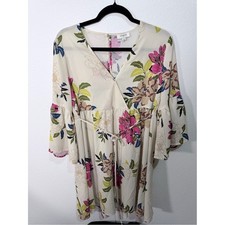Umgee Womens Small Cream Floral Print Babydoll Mini Dress Bell Sleeve Boho