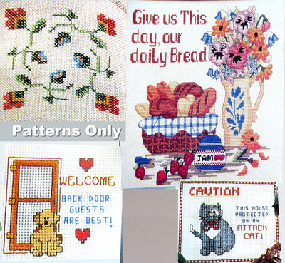 Jacobean Flowers Give Daily Bread Welcome Dog Caution Cat CROSS STITCH PATTERNS