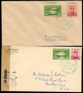 (JC534) PHILIPPINES 1945 COVERS V J DAY CANCELS x2 ONE CENSORED