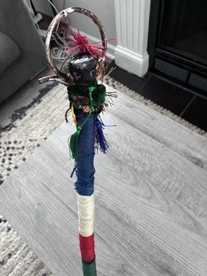Native American Ceremonial Staff Wrapped w/ Feathers & Yarn R/W/G