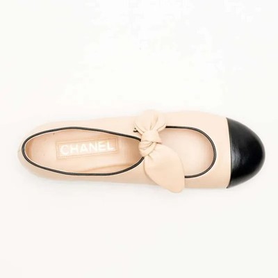 CHANEL Mary Janes Flat Shoes with Bow Lambskin Leather Beige Black