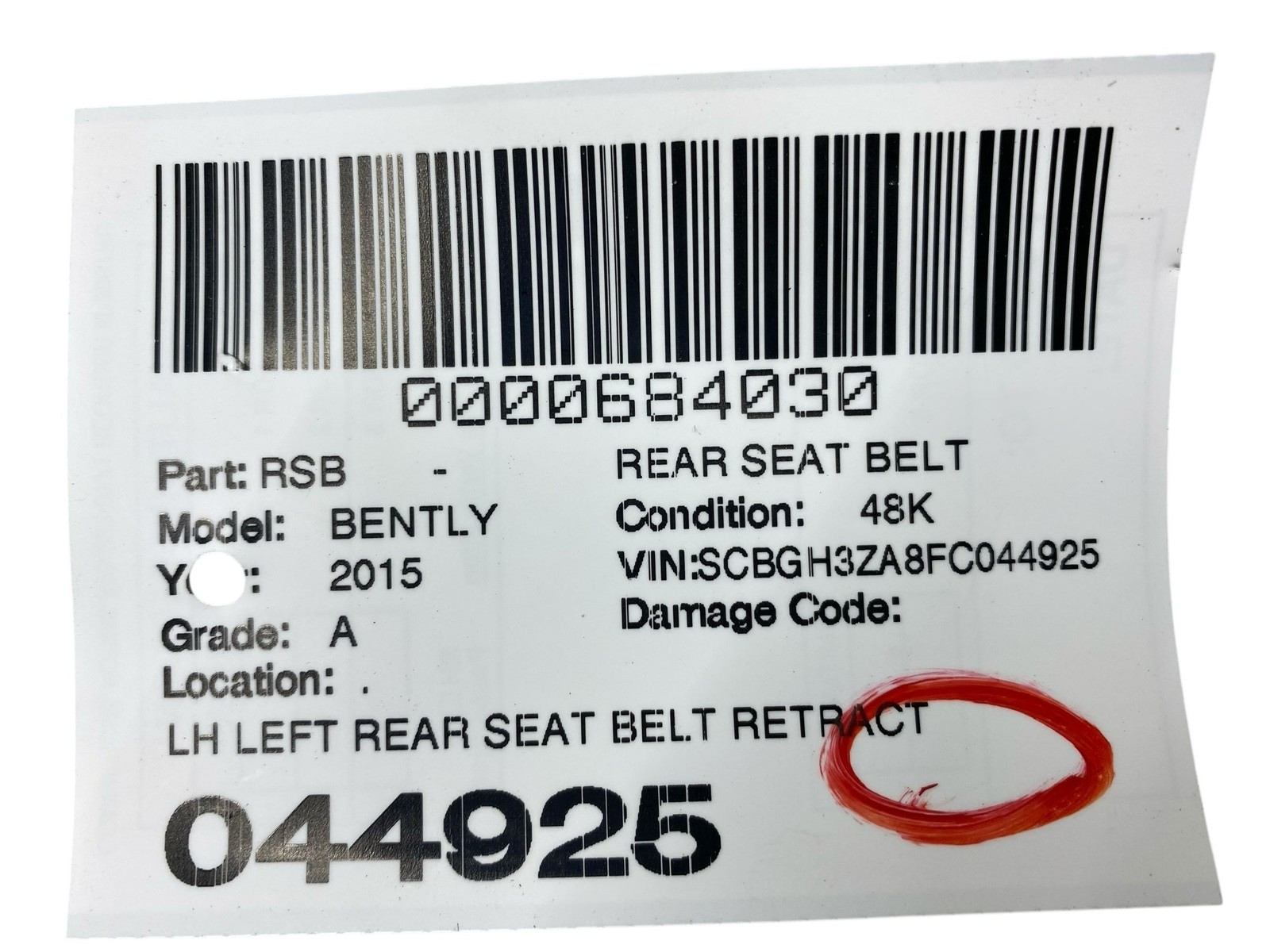2015 BENTLEY CONTINENTAL LH LEFT REAR SEAT BELT RETRACTOR & MOUNTING PLATE LINEN