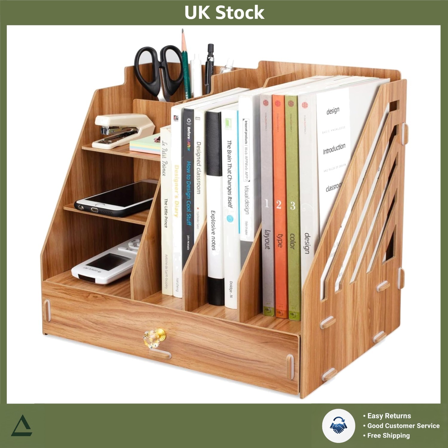 Elegant Wooden Desktop Stationery Organiser Sorter 9 Sections 33x30x24cm 1pc