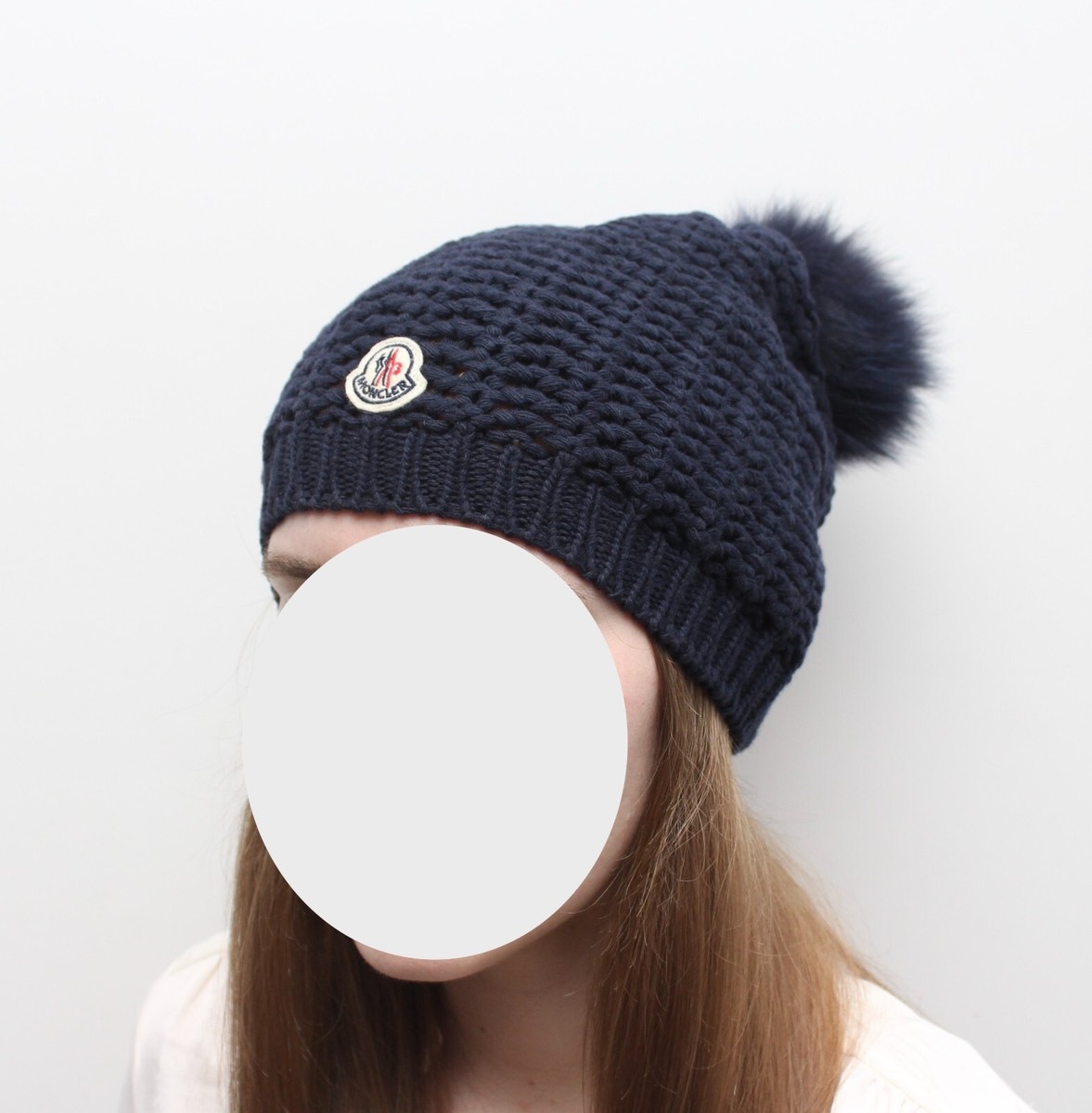 Women's MONCLER Knit Wool Beanie Fox Fur Pom Pom Logo Hat Navy