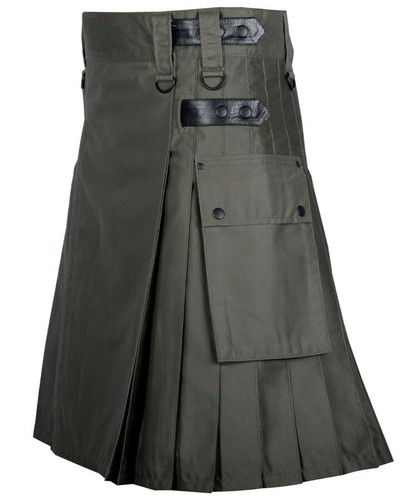 Men's Cotton Utility Kilt Handmade Tactical Kilt 2 Cargo Pockets Kilts Skirts - Picture 19 of 22
