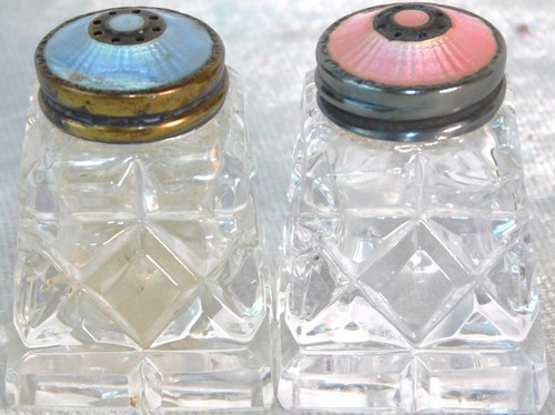 Antique Norway Guilloche Enamel Sterling Silver Pink Blue Salt Pepper Shakers