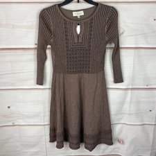 Olive & Oak Dress Womens PM Brown Fit And Flare Sweater Keyhole Neck 3/4 Sleeve