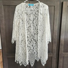 White Lace Open Front Cardigan Duster 3/4 Sleeve Scallop Eyelash Hem Sz S Swim