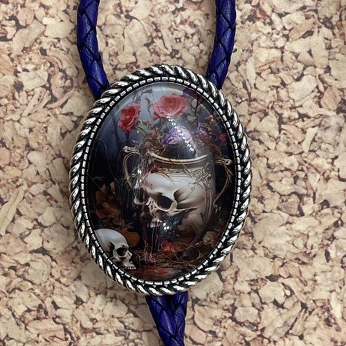 Gothic Skull Rose Witch Leather Bolo Tie Lariat Necklace Wedding Purple Death - Picture 9 of 17