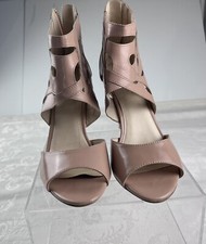 Nine West Womens Shoes Size 7.5 M Nude Leather Fabeyano Heel Ankle Wrap Open Toe