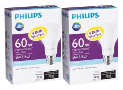 8 Philips LED 8W A19 Daylight 800 Lumens 120 Volts 2 Packs of 4 NEW
