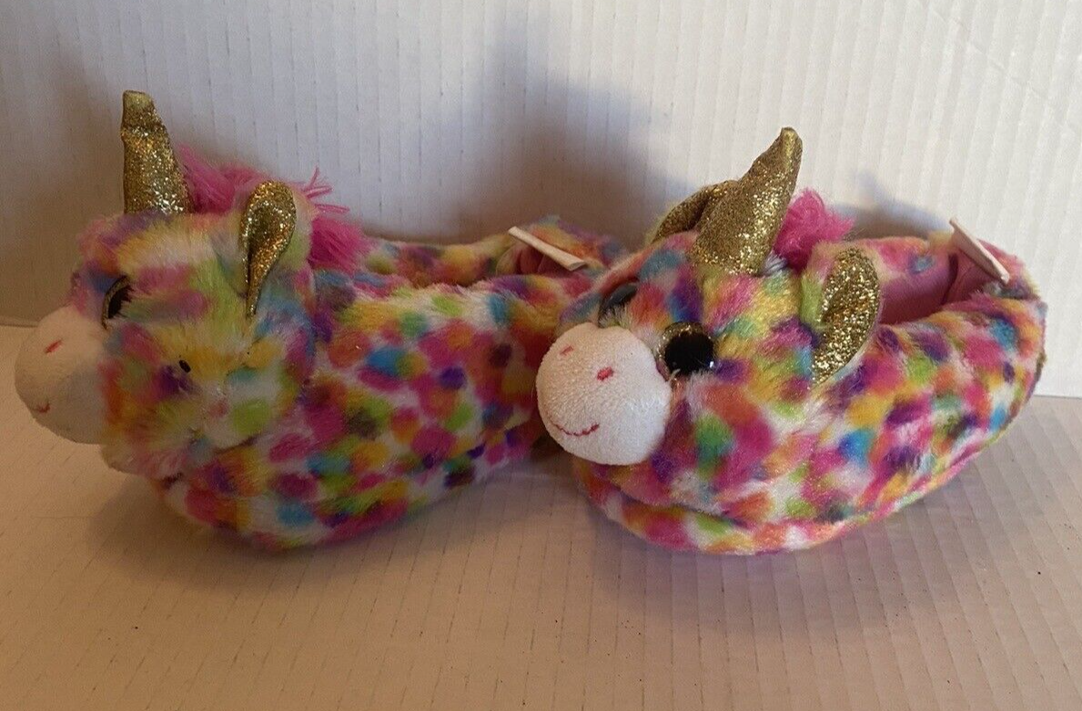 PANTOFOLA D’ORO Soffici pantofole da bambina fuzzy unicorno oro rosa arcobaleno taglia small (5 6)
